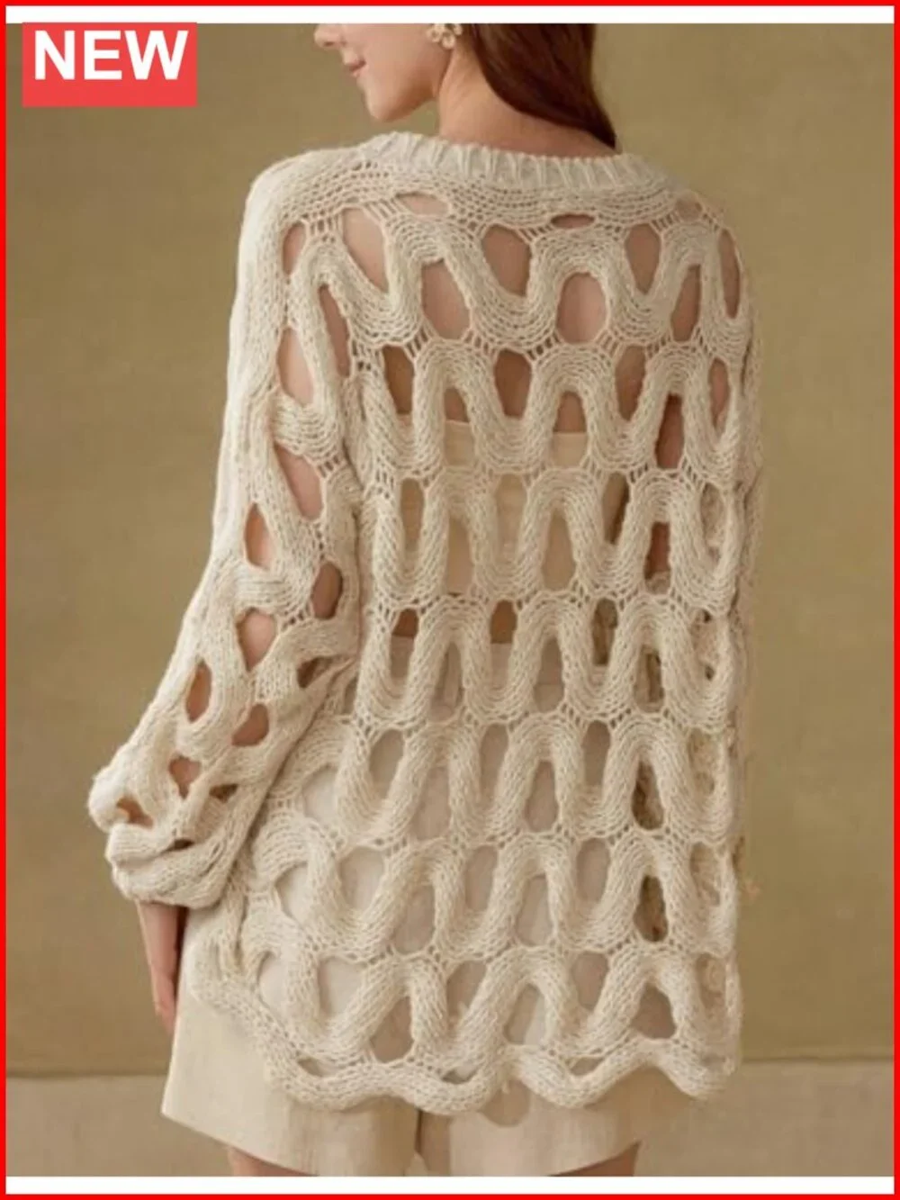 Womens Hollow Out Crochet Chunky Knit Pullover Sweater Oversized Long Sleeve